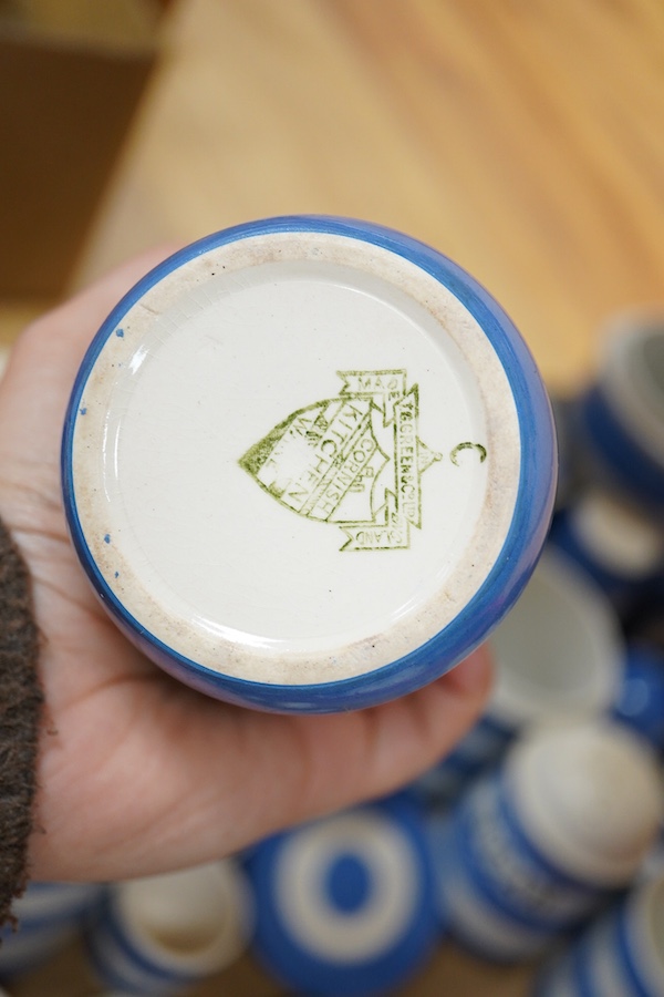 A large collection of Cornishware, cheese dome, butter, sugar, dishes etc